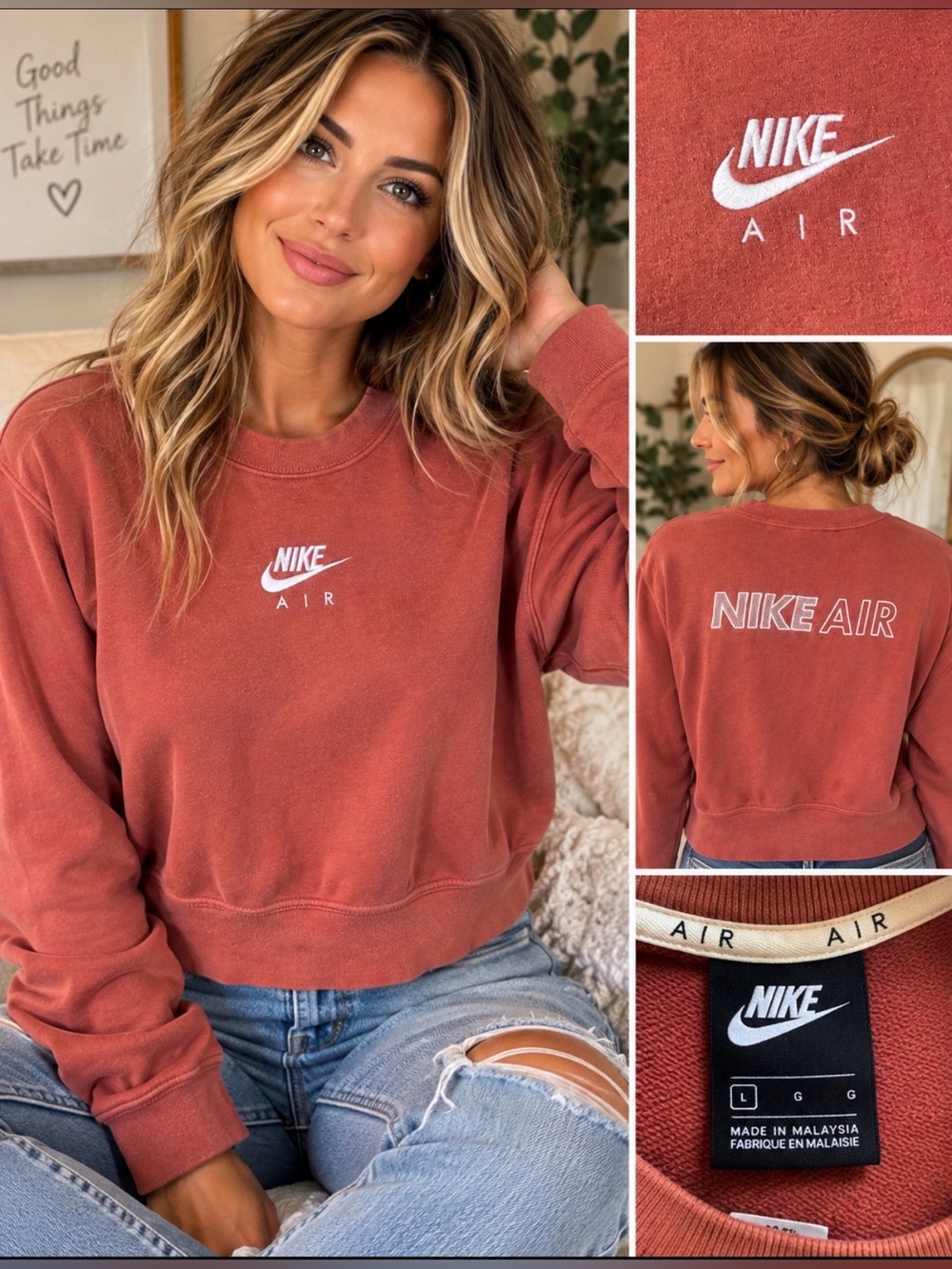 🍂 Nike Air Women’s Cropped Sweatshirt – Rust/Terracotta – Size Large